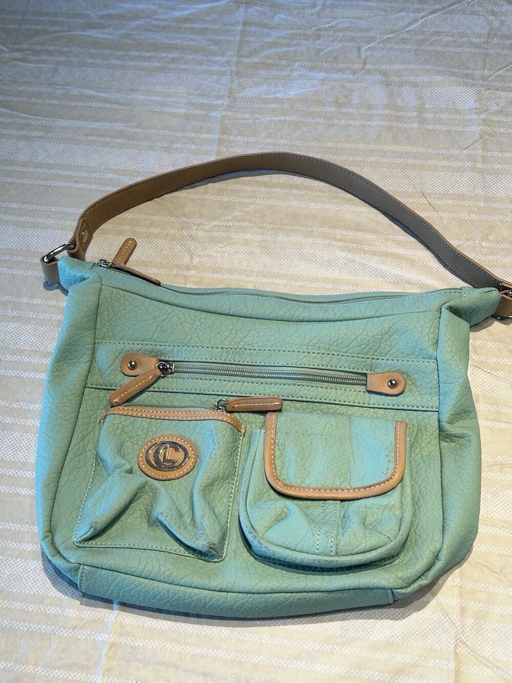 Womens Aqua Turquoise Hobo Shoulder Bag Multi Pocket Faux Leather Purse
